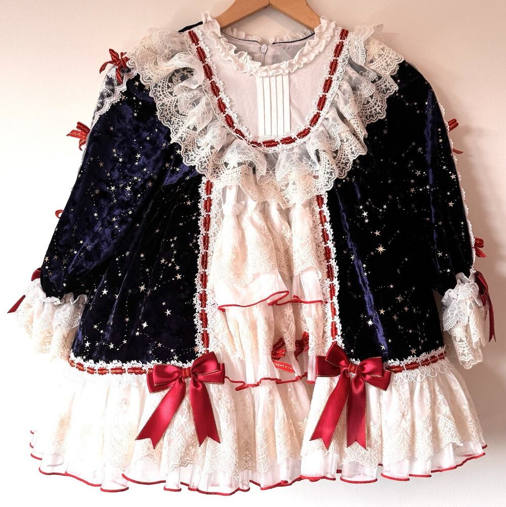 Sister Qiao Girls Size 130 7 Navy Velvet Lace Sweet Lolita Ruffle Bow Dress NWT